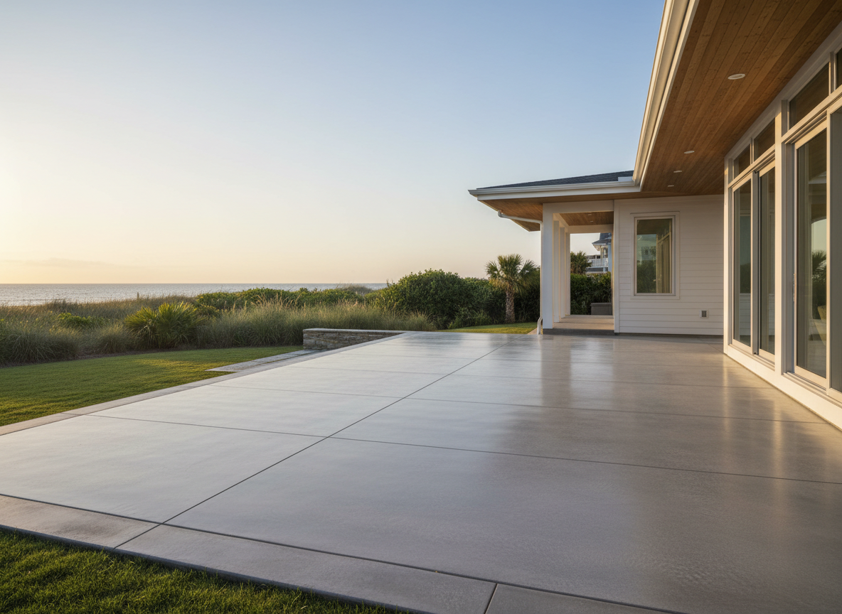 Freshly finished concrete patio outside a modern coastal home at golden hour