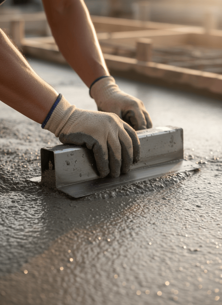 Concrete finisher smoothing wet concrete with a steel trowel