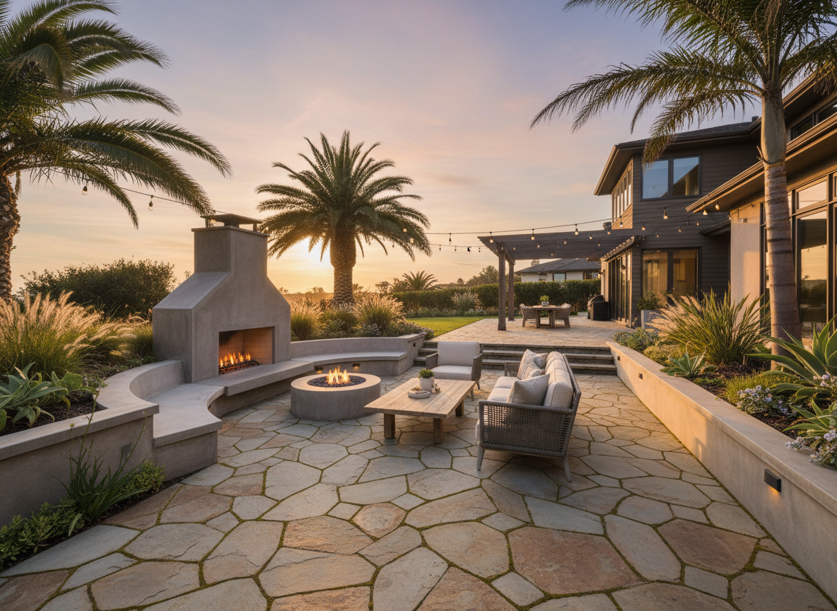 Backyard outdoor living space with paver patio and built-in fireplace
